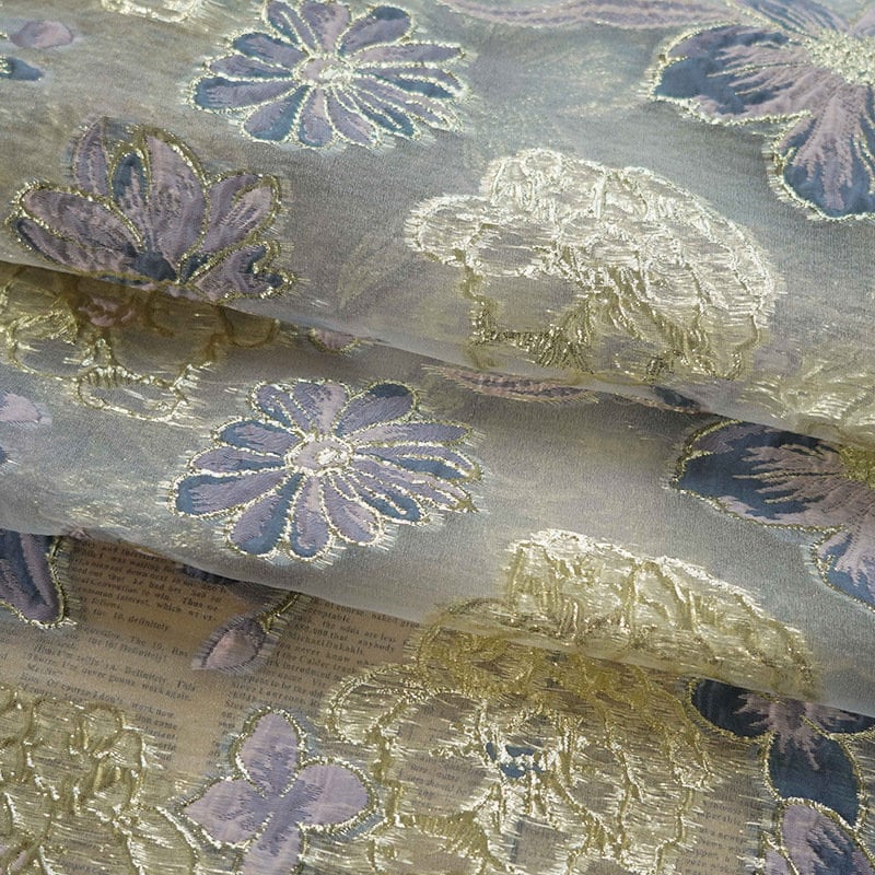 Blue & Gold Floral Organza Jacquard Fabric - 56" Wide