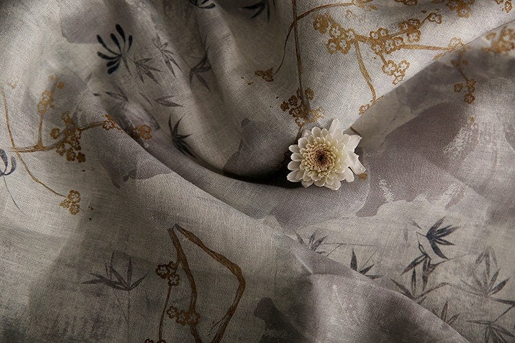 Bamboo Print Ramie Fabric: Light Gray Upholstery, Costume, Scarf - 57"W