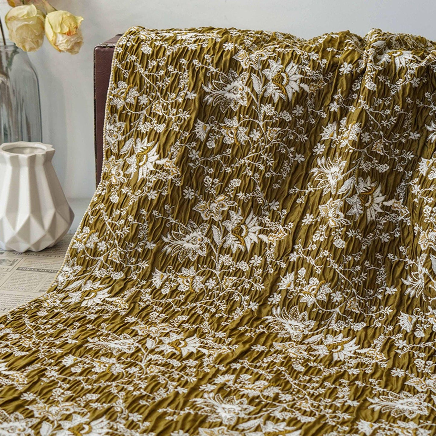 Gold Thread Jacquard Fabric: 3D Flower Design, Upholstery & Costume