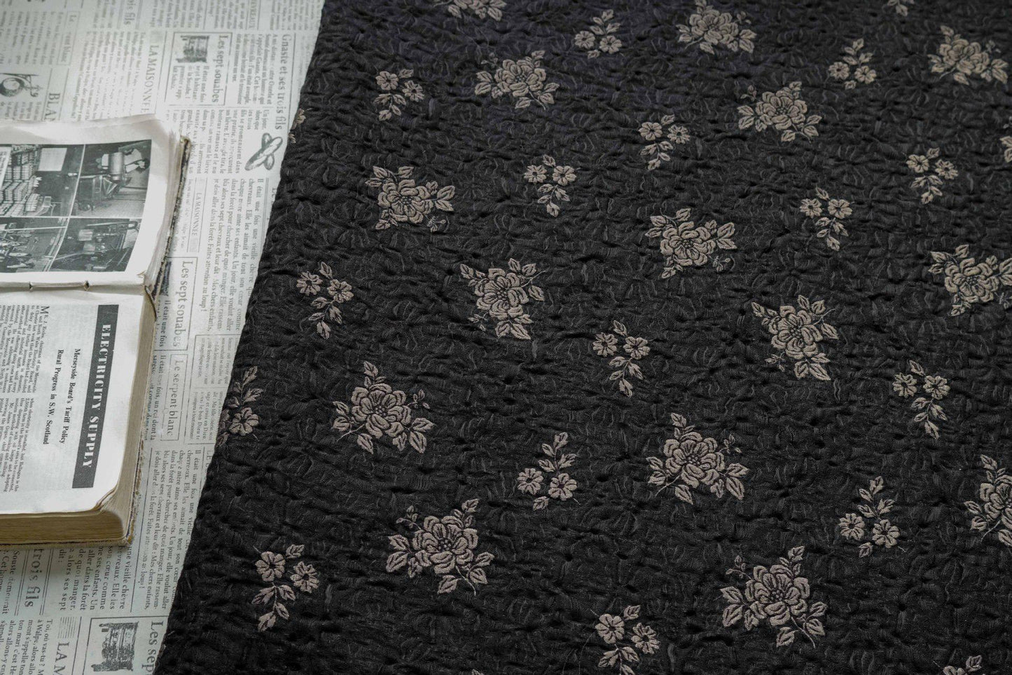 Embossed Jacquard Fabric: Black with Brown Floral Design, 59" Wide