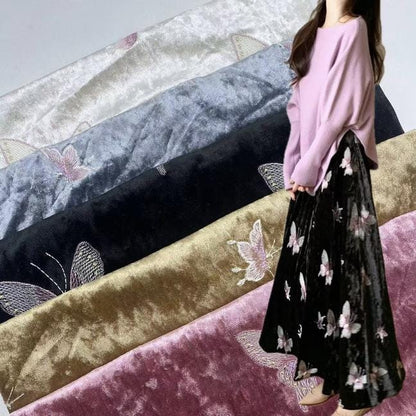 Embroidered Velvet Fabric: 43" Beaded Pillar Design, Designer Sewing Material