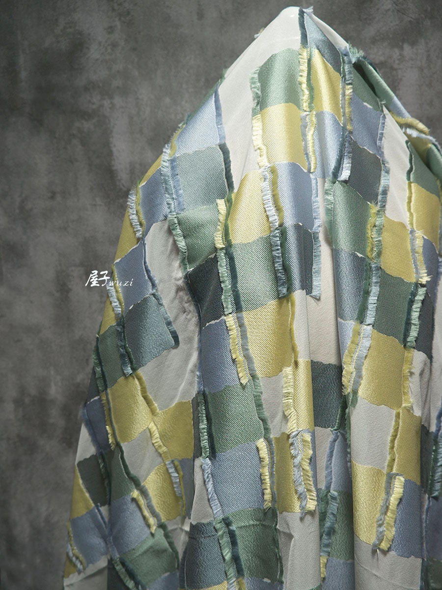 Plaid Patchwork Jacquard Fabric: Raw Edge Denim Style, 57" Wide