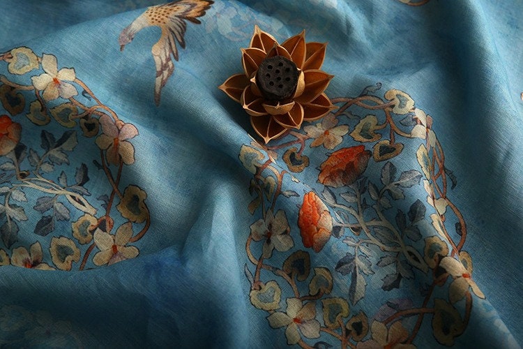 Floral Bird Print Ramie Fabric: Turquoise Ink, 57" Wide