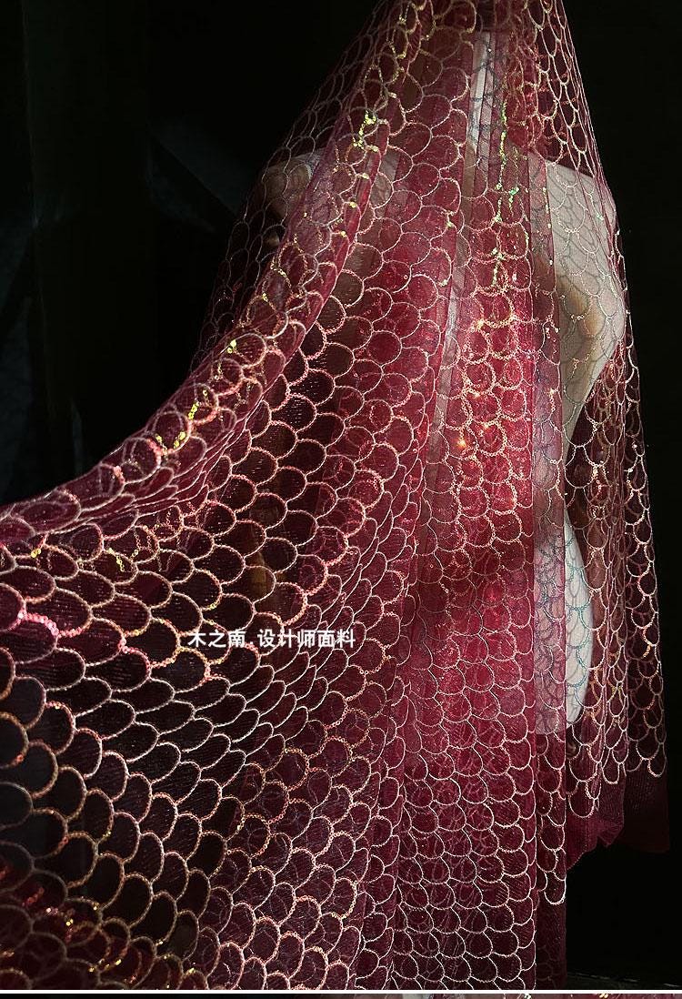 Maroon Fish Scales Sequin Embroidered Mesh Fabric, 50"W