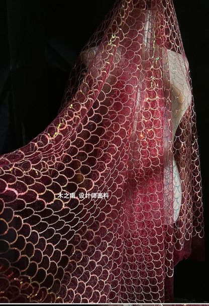 Maroon Fish Scales Sequin Embroidered Mesh Fabric, 50"W