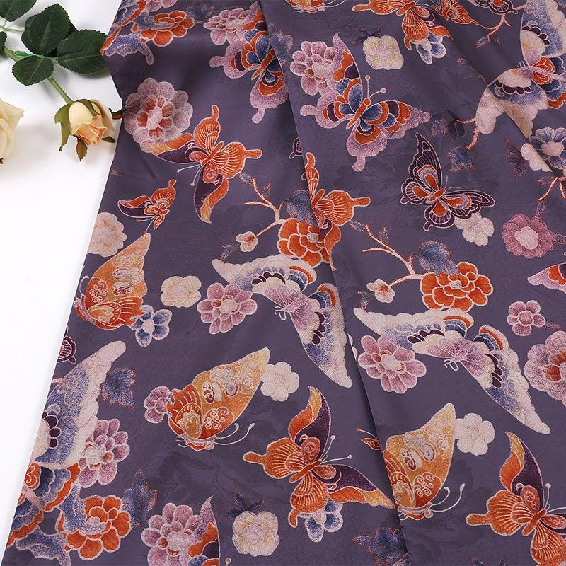 Floral Butterfly Print Fabric: Gambiered Canton Gauze Tea Silk, pink, orange, purple