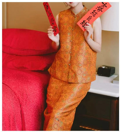 Orange Dunhuang Brocade Fabric: 59"W Tibetan Robe Material
