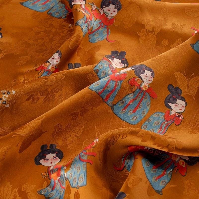 Ancient Painting Rayon Fabric: 55" Wide, Costume, Upholstery, Scarf
