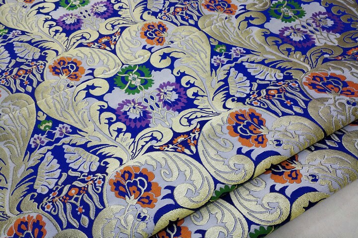 Chrysanthemum Brocade Fabric: Chinese Folk Tapestry Silk Rayon Blend, 29" Wide