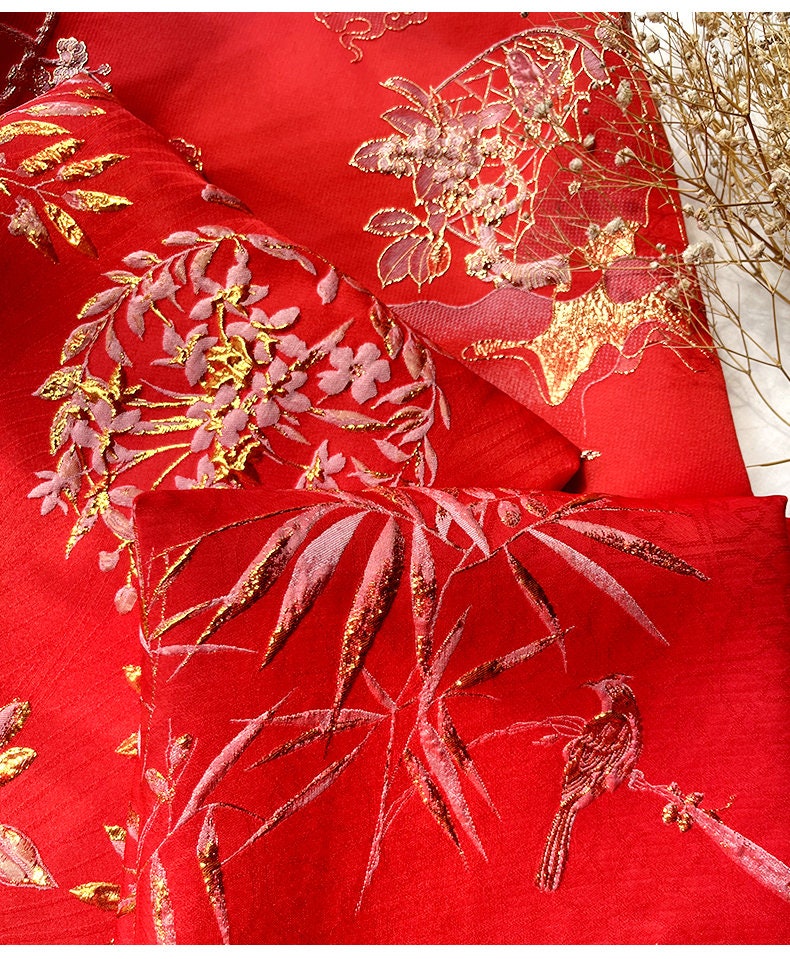 Red & Gold Jacquard Fabric: 3D Texture Designer Fabric, 56" Wide