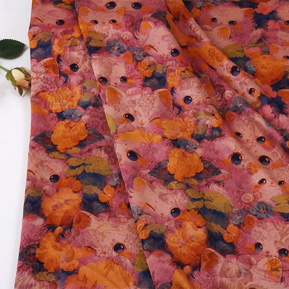 Cartoon Kitten Peony Print on Red Cloud Gauze Fabric ��� Fun & Playful Desi"Wide