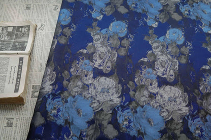 Blue Floral Brocade Fabric: Ink Painting Design, 60" Wide