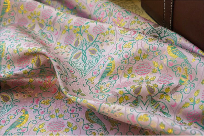 Gold Thread Jacquard Fabric: 3D Floral Bird Design, 60" Wide