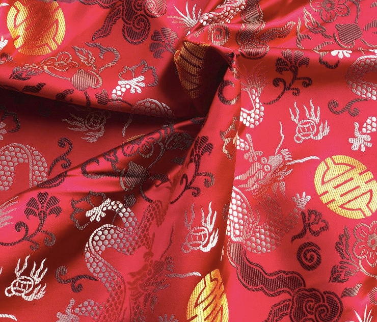 Chinese Dragon Brocade Fabric: Multi-Color Rayon, 29.5" Wide, Upholstery & Sewing
