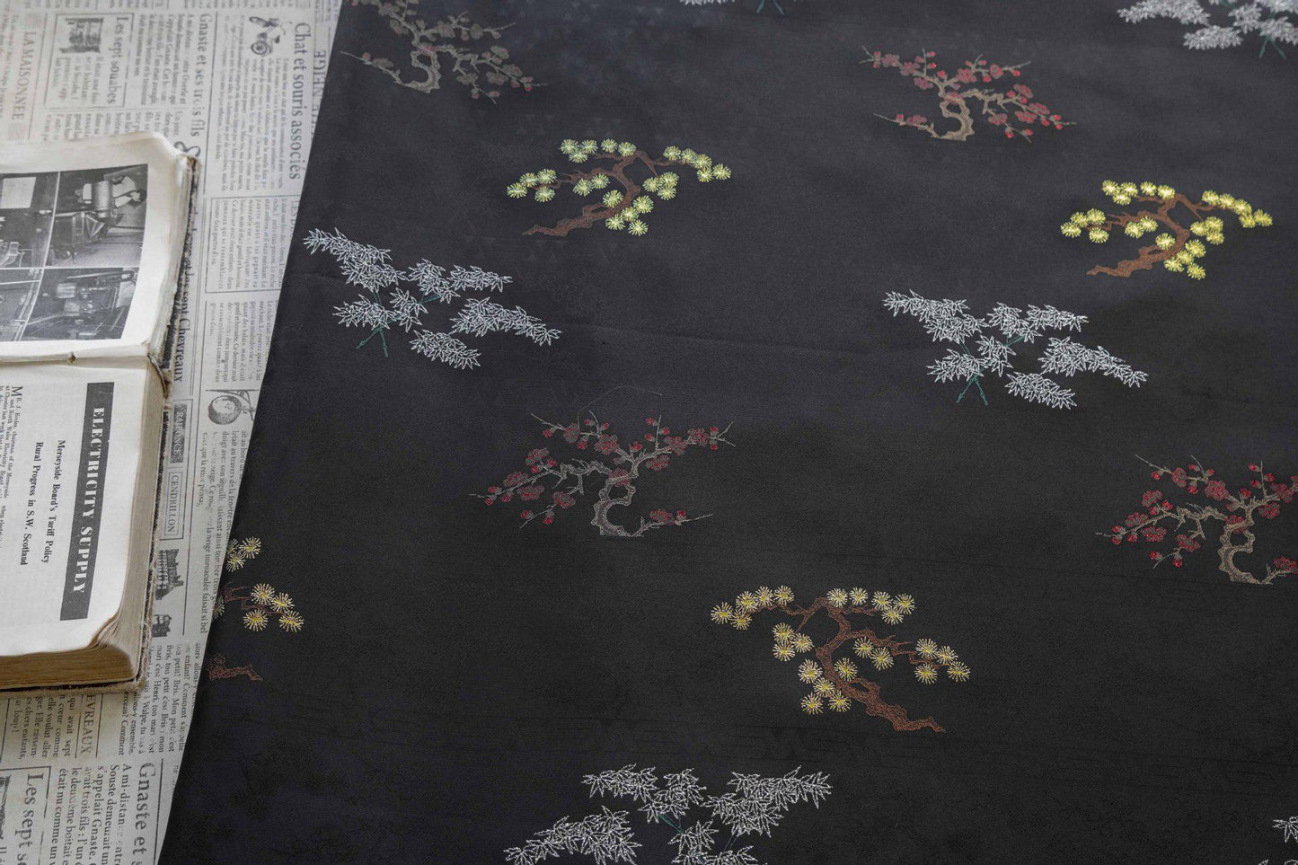 Gold Brocade Fabric: Pine, Bamboo & Plum Jacquard - 61" Wide