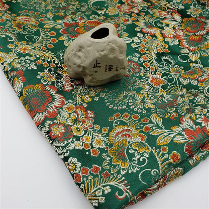 Peony Flower Silk Brocade Fabric: Dark Green Upholstery, Costume, Decor - 57"W
