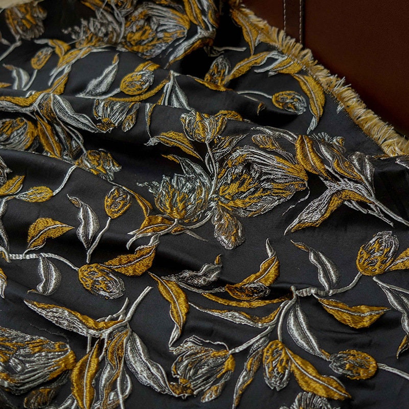 Gold Thread Jacquard Fabric: 3D Embossed Floral Woven Upholstery - 62"W