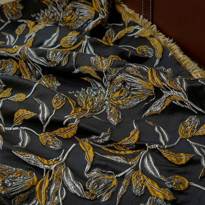Gold Thread Jacquard Fabric: 3D Embossed Floral Woven Upholstery - 62"W