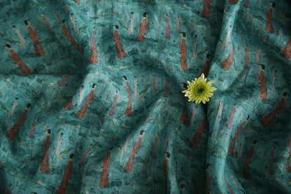 Tissu ramie imprimé Bouddha turquoise : 145 cm de large. Idéal pour l’ameublement, les costumes et la couture.