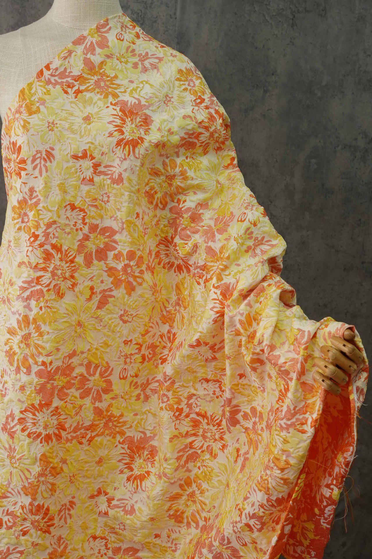 Yellow Jacquard Woven Fabric: 3D Embossed Flower Pattern, 57" Wide