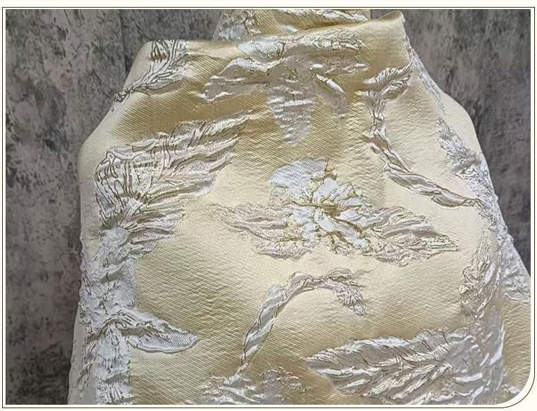 Yellow 3D Embossed Floral Jacquard Metallic Gold Luxury Fabric ��� Textured Brocade for Dress, Home Decor & Craf"Wide