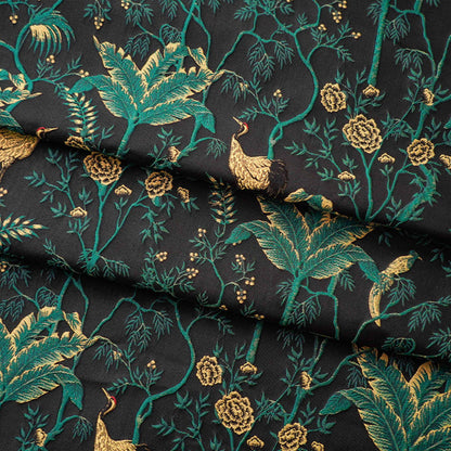 Dark Green Jacquard Fabric: Gold Thread 3D Designer Fabric, 65" Wide