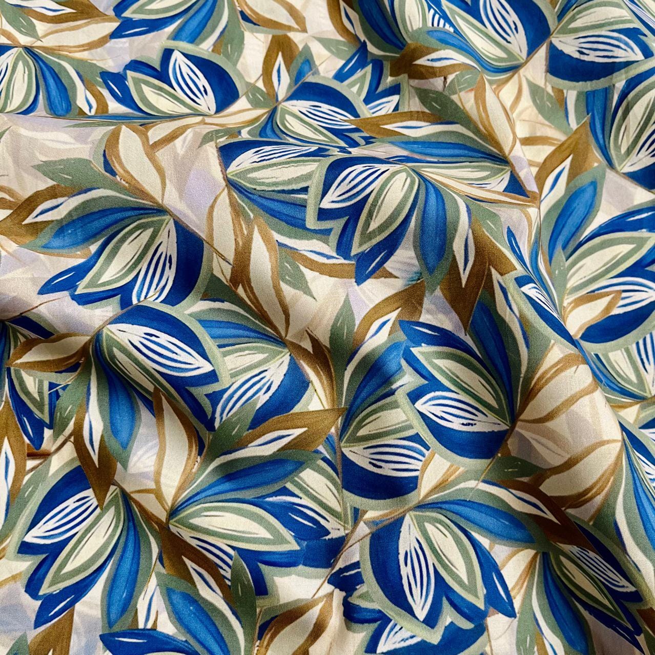 Floral Cotton Fabric: 60s Style, Blue & Brown Print, 59" Wide