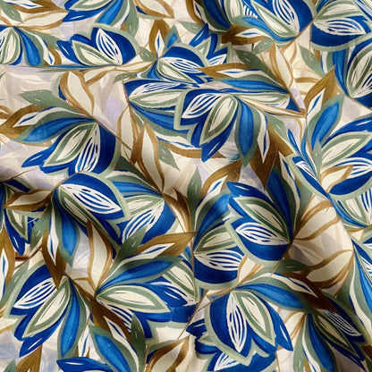 Floral Cotton Fabric: 60s Style, Blue & Brown Print, 59" Wide
