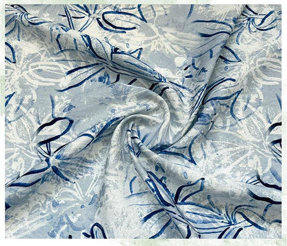 Tissu satin de coton imprimé numérique bleu – Tissu doux pour robes, patchwork, couture DIY, loisirs créatifs, motifs floraux et abstraits, 59 cm
