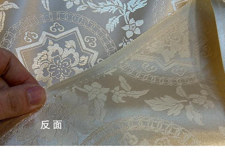 Milky White Silk Brocade Fabric: Metallic Dunhuang Pattern, 29.5" Wide