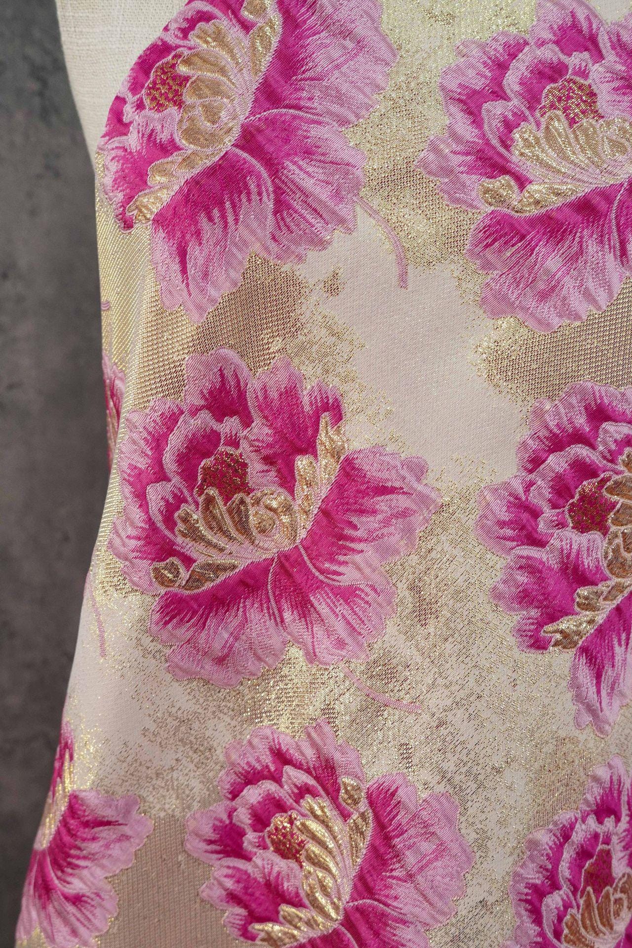 3D Embossed Peony Jacquard Fabric with Gold & Silver Threads, Woven Upholstery Fabric, 58"Wide