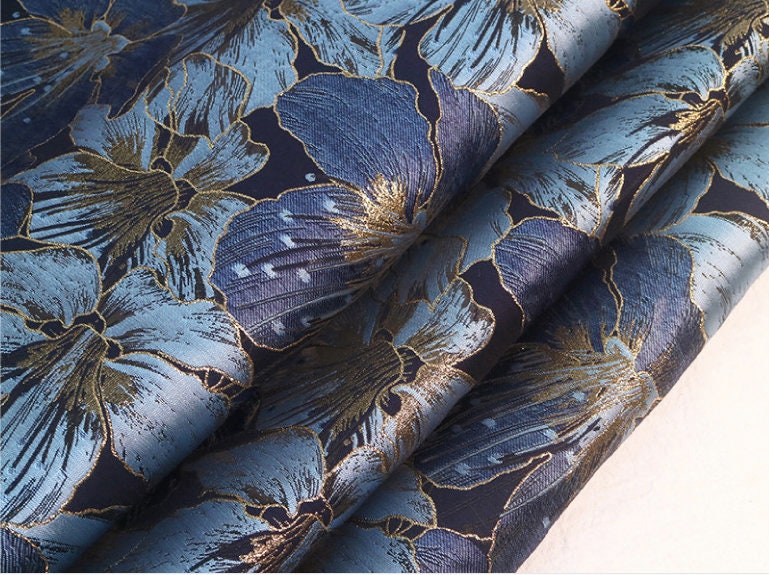 Gold Thread Jacquard Fabric: Blue Floral 3D Texture, 63" Wide