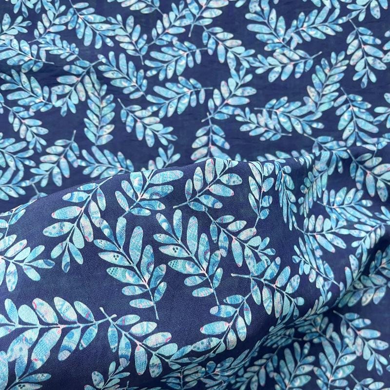 Tissu Tencel Ramie imprimé feuilles bleues : Matériel de couture au mètre