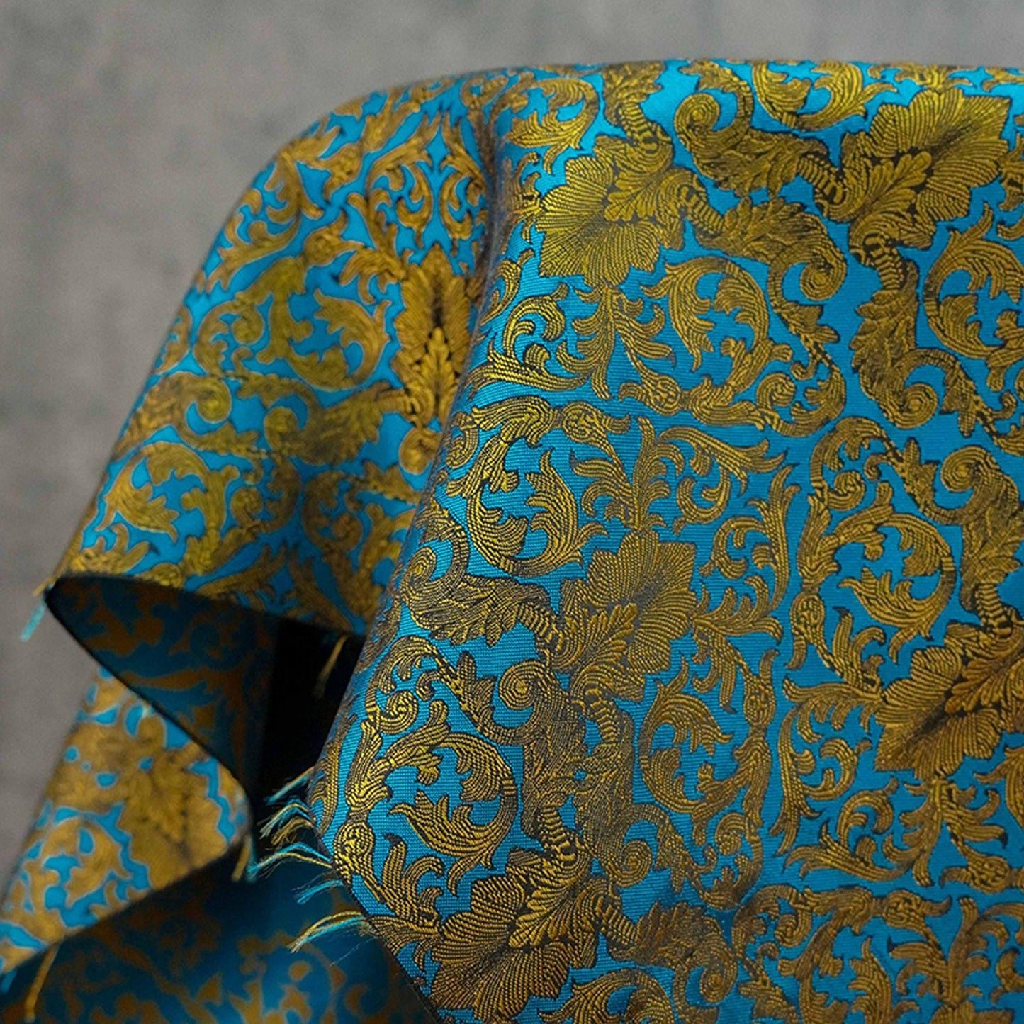 Blue & Gold Floral Jacquard Fabric: European Palace Style, 59" Wide