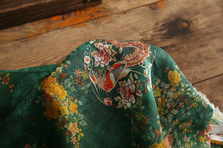 Jade Green Ramie Fabric: Floral Bird Print, 57" Wide