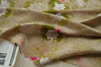 Lotus Flower Tea Silk Satin Fabric: 55"W Digital Print