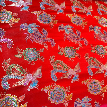 Tissu brocart phénix pivoine rouge : Décoration de costume porte-bonheur (largeur 59 pouces)
