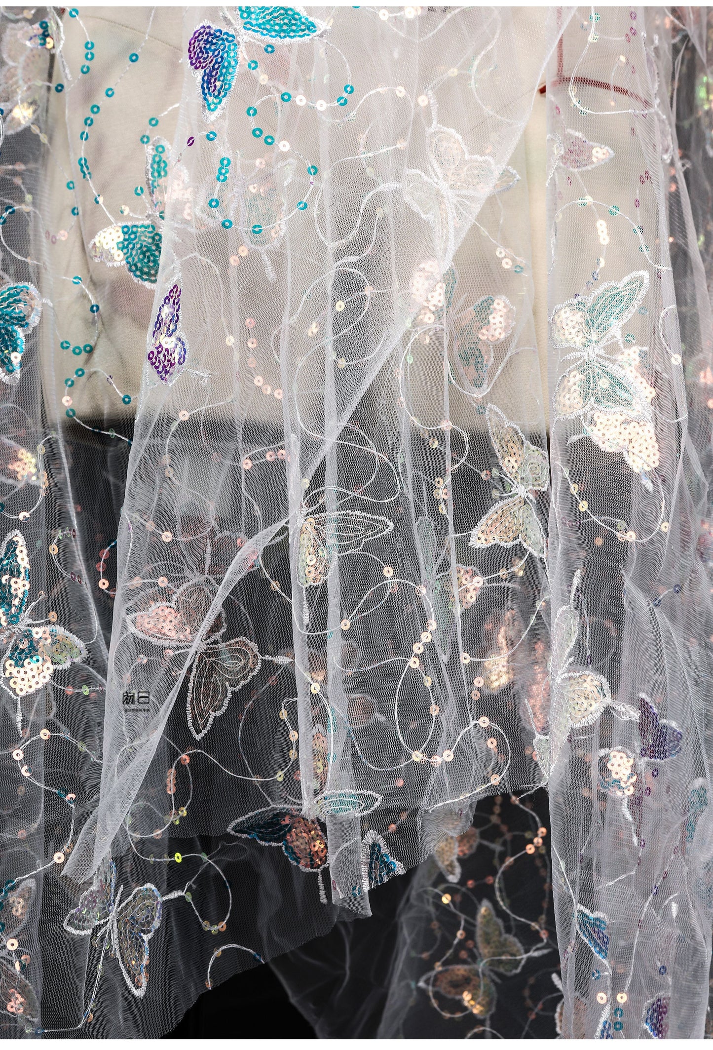 Butterfly Sequin Embroidered Mesh Fabric, See-Through Designer Fabric