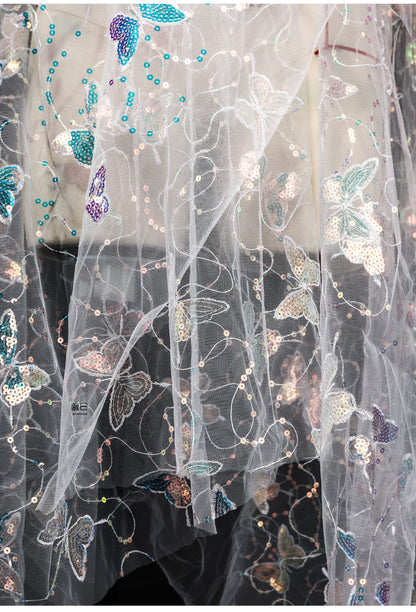 Butterfly Sequin Embroidered Mesh Fabric, See-Through Designer Fabric