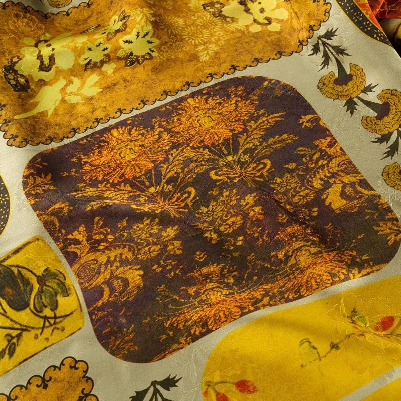 Ancient Dunhuang Tea Silk Satin Fabric: Floral Print, 59" Wide