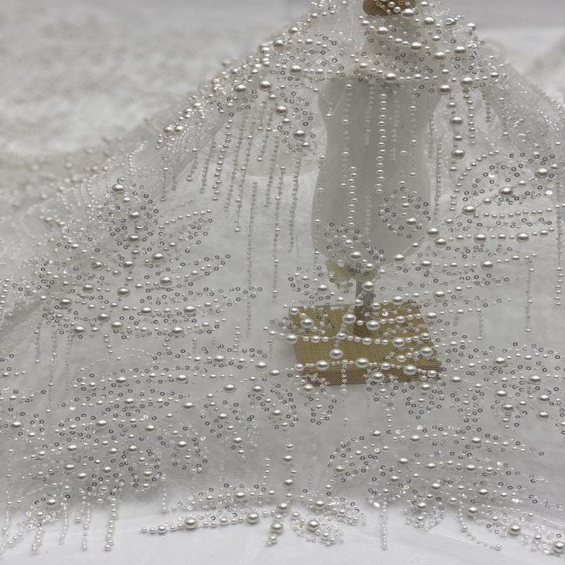 Luxury Beaded & Sequin Embroidered Fabric ��� 4/6/8mm Pearls, Bridal Material, Wedding Dress, Prom, Couture Sewing, High-End Fashi"W