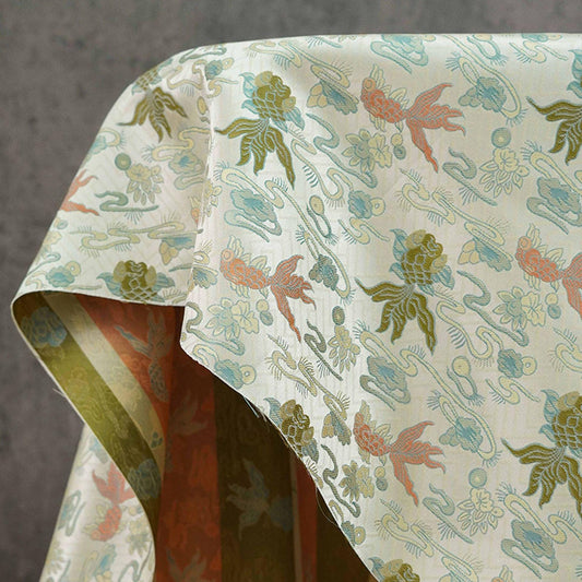 Tissu damassé en brocart de soie Song : Poisson porte-bonheur, style tibétain impérial