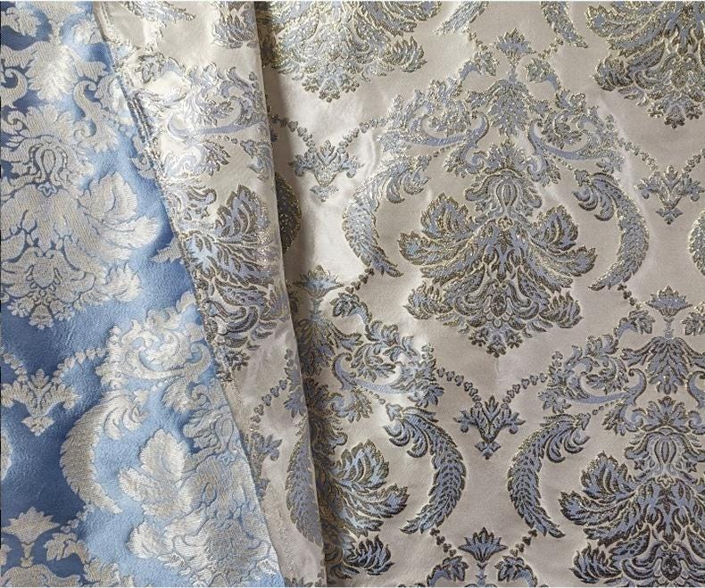 Blue & Gold Floral Jacquard Fabric | Shimmer Brocade (59" Wide)