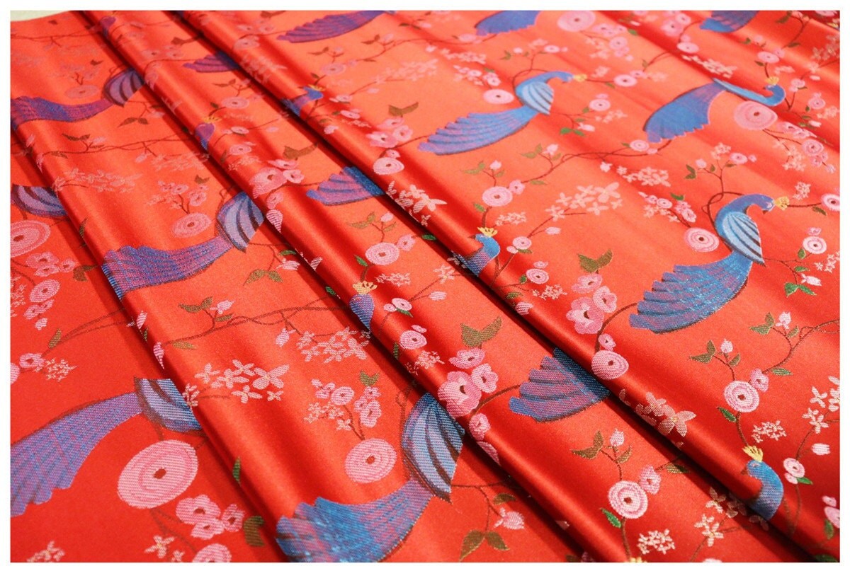 Peacock Bird Damask Fabric: 29.5"W Jacquard Satin Brocade