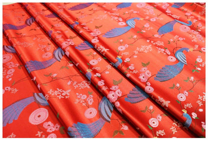 Peacock Bird Damask Fabric: 29.5"W Jacquard Satin Brocade