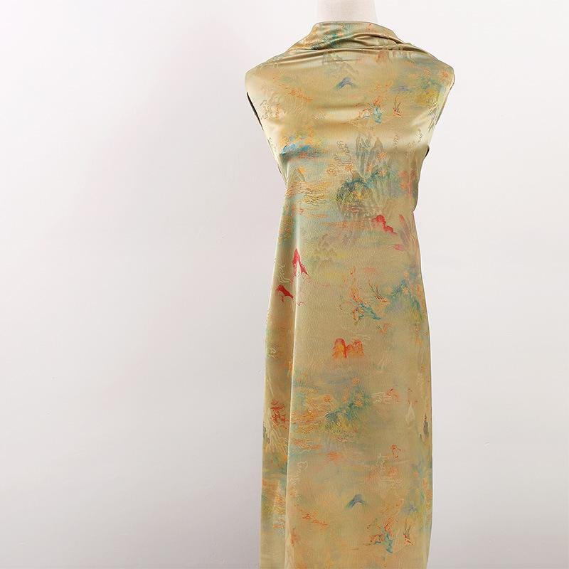 Butterfly Tea Silk Satin Fabric: Ancient Print, 59" Wide