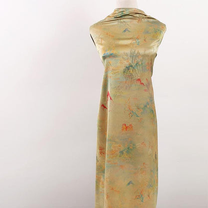 Butterfly Tea Silk Satin Fabric: Ancient Print, 59" Wide