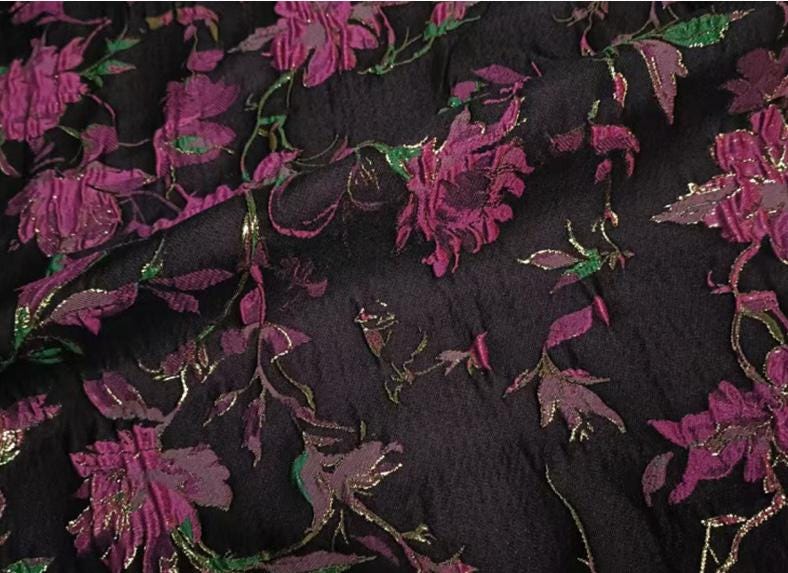 Black Jacquard Fabric: 3D Purple Rose & Gold Foil - 55"W Upholstery