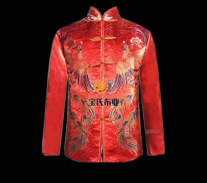 Silk Brocade Fabric: Gold Phoenix Embroidery, Chinese Wedding Cheongsam Pattern