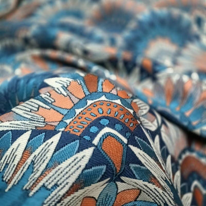 Bohemian Jacquard Woven Fabric: Blue & Orange Embossed Upholstery - 55"W